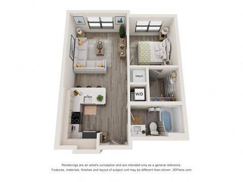 Floor plan for 1 bed, 1 bath, 605 sqft